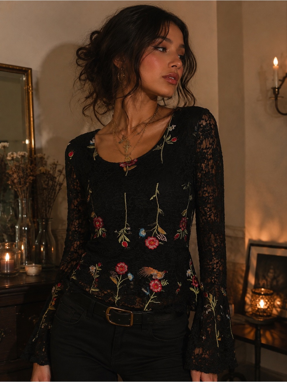 Solitaire Black Floral Embroidered Lace Bell Sleeve Boho Fairy Top Medium